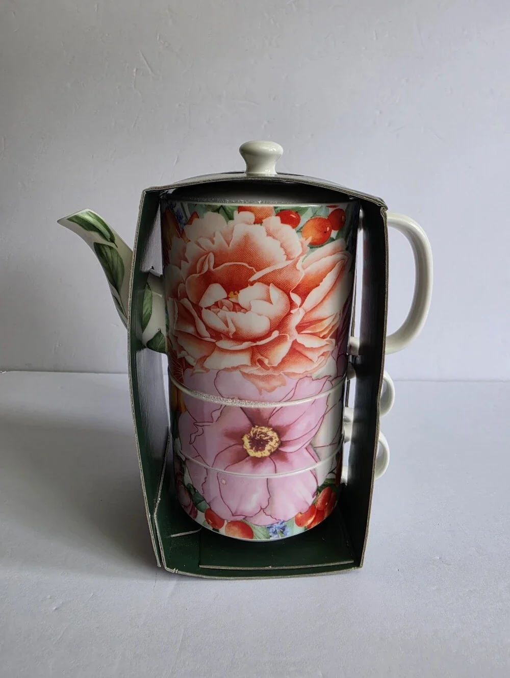 Tea Emporium Tea For Two Stackable Floral Set With Teapot and Two Cups ~ NWT